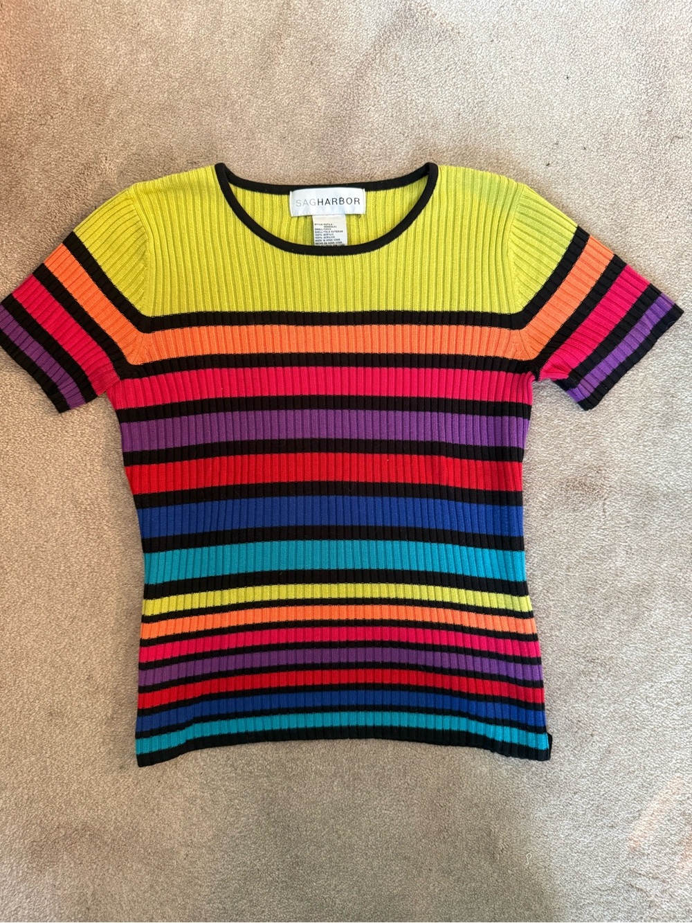Sag Harbor Multi-Color Stripe Ribbed Short Sleeve Top